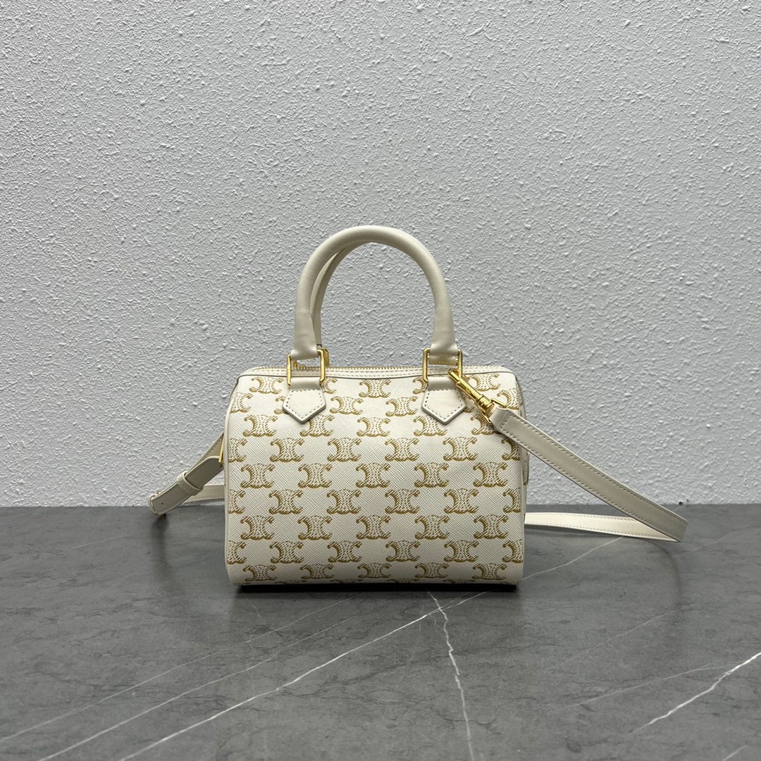 Celine Small Boston Cuir Triomphe In Triomphe Canvas And Calfskin White 197582